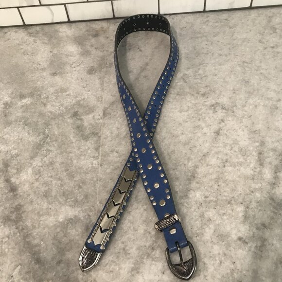 Studded Belt Womens Small Medium Blue Western Concho Buckle Silver Tone Grommet - Picture 3 of 8